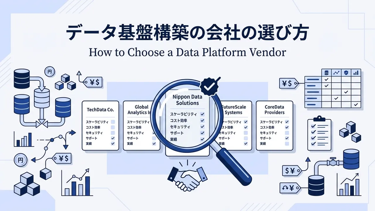 データ基盤構築をどの会社に頼むかで、プロジェクトの成否は大きく変わります。大手SIer・データ専業ベンダー・クラウド認定パートナー・フリーランス・BI導入支援の5タイプを、費用・カバー範囲・内製化のしやすさ・ロックインリスクで比較。さらに「失敗しない発注先」を見極める7つのチェック軸、請負と準委任の使い分け、発注先選びでよくある5つの失敗まで、発注前に立ち止まって確認したいことを実務目線で整理しました。費用相場やRFPの書き方は関連記事に譲り、本記事は「どこに頼むか」の判断に絞って解説します。
