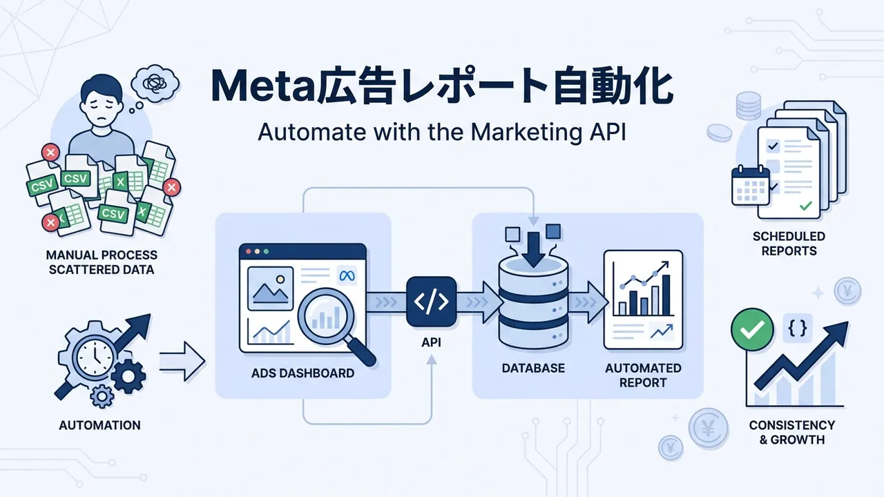 Meta広告のレポート自動化でつまずくのは、公式コネクタが無いことと、トークンの静かな失効です。この記事はMarketing API直連携を軸に、システムユーザートークンでの無期限運用と、管理画面との数値ずれの直し方までまとめました。
