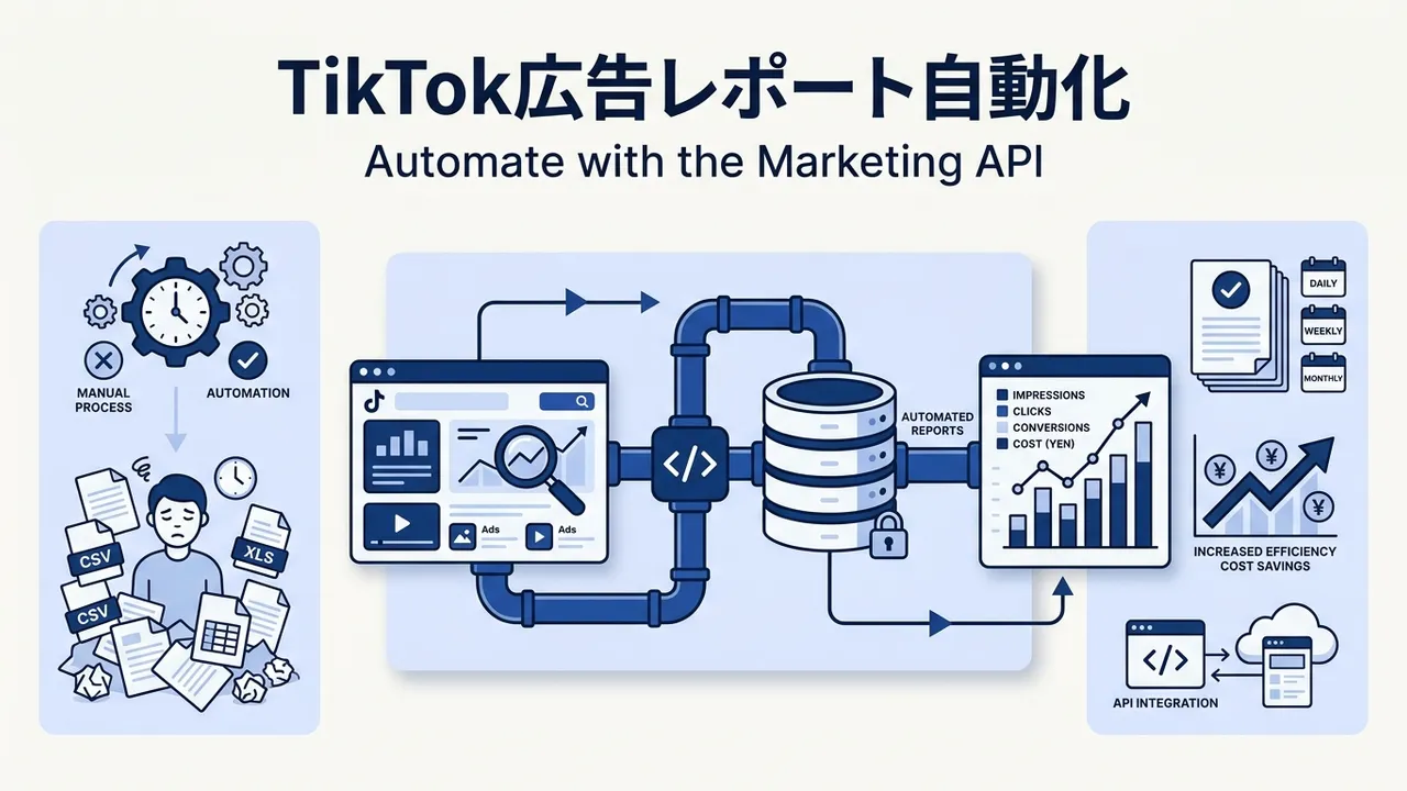 TikTok広告のレポートを毎朝手で集めているなら、自動化の選択肢は3つ。管理画面のスケジュールレポート、コネクタ・ETLツール、Marketing API直連携。API利用に必要な開発者登録・アプリ審査の通し方、無期限アクセストークンの取得、/report/integrated/get/でのレポート取得の実コード（curl・Python・GAS）、日別取得の30日制限やCVが後から増える仕組み、集めたデータをAIにつなぐクリエイティブ疲弊検知の要点を、2026年7月時点の公式情報を軸にまとめた。