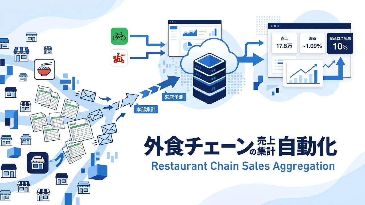 外食チェーン本部の売上集計は、店舗数×POS×デリバリーでデータが分散し、Excelでの手集計が月20〜40時間かかりがちです。この記事では、外食ならではの集計の壁、Excel限界を判断する3つのサイン、SaaS・BI連携・専用データ基盤の3つの自動化アプローチと費用感、月30時間削減と来店予測でフードロス10%減を実現したラーメンチェーンの事例、4〜8週間のスモールスタート手順を、本部・情シスのマネージャー向けに整理します。