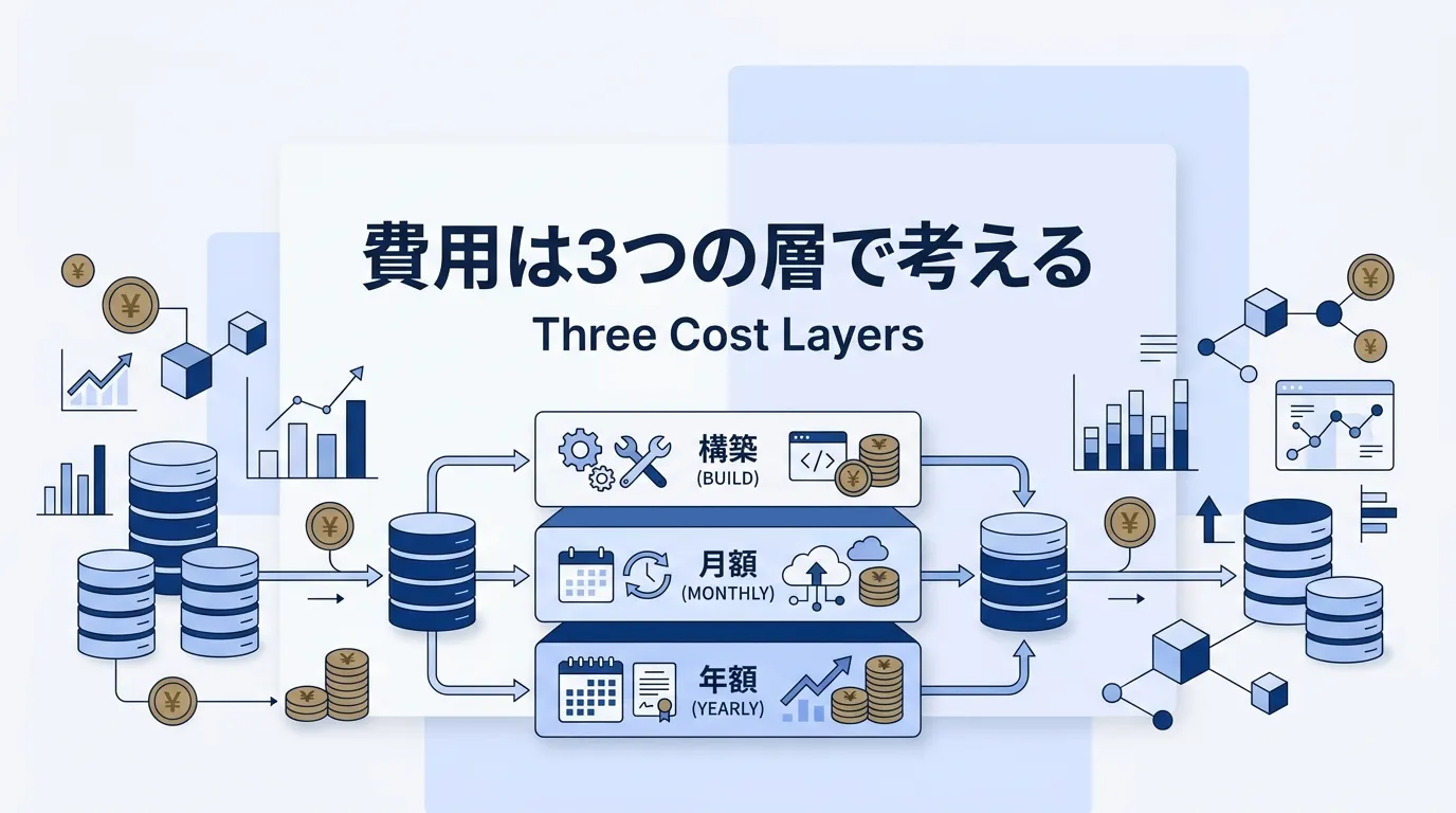 データ基盤構築の費用を構成する3層（初期構築費・クラウド利用料・運用保守費）