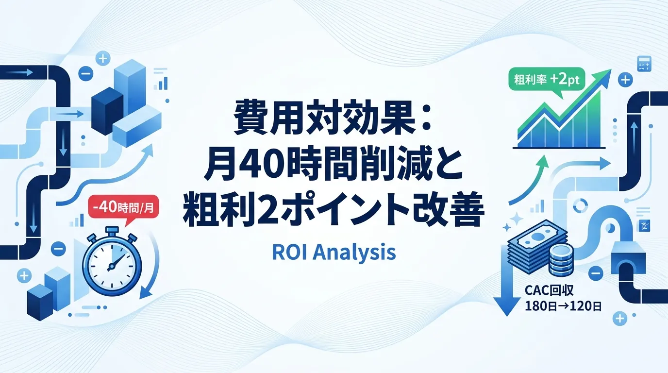 費用対効果：月40時間削減と粗利率2ポイント改善